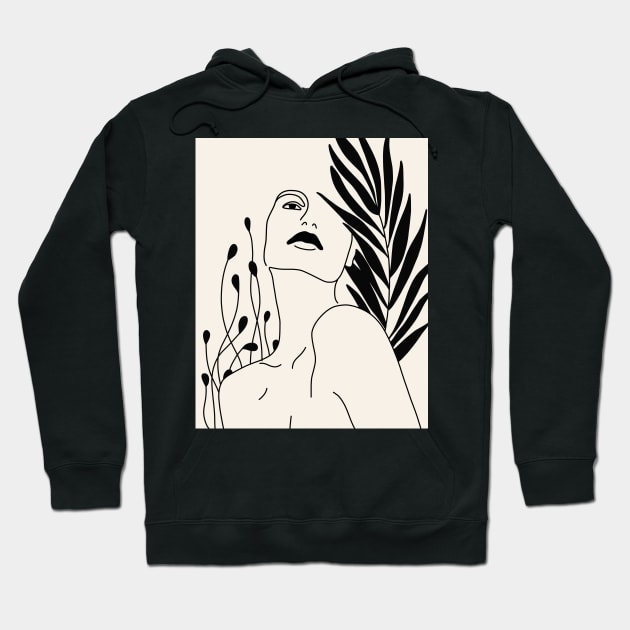 Woman Portrait And Plant Leaves Line Art Hoodie by Trippycollage